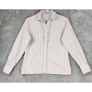 Genesis Shirt Womens Size 7 Pink Blue Striped Ruffle Collar Button Up Blouse Top